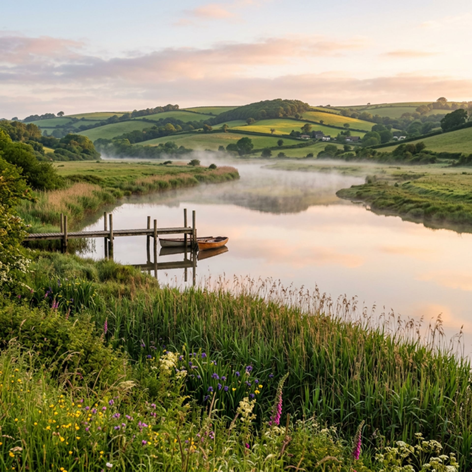 Serene Devon estuary with rolling hills and morning mist